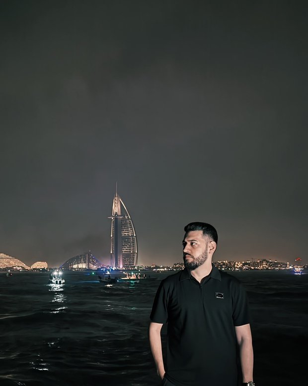 On a yacht at night by the Burj Al Arab, Dubai